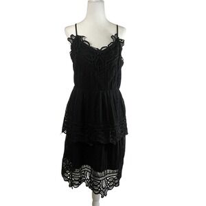 DEX Black Crochet Lace Tiered Polka Dot Mini Dress L Spaghetti Strap Lined Fairy